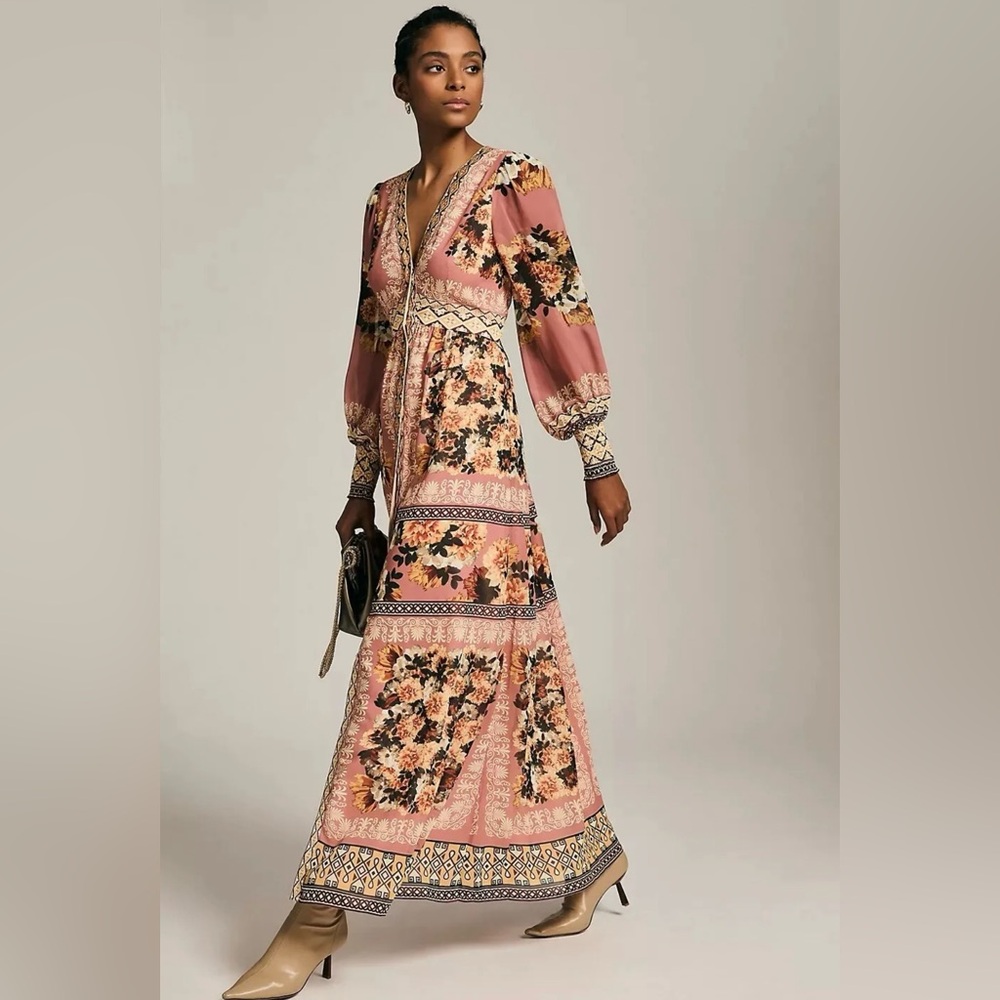 Anthropologie Vineet Bahl Embroidered Maxi Dress Size Small